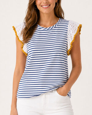 THML XS Striped Ruffle Sleeve Top White Navy Eyelet Yellow Fringe Cotton Blend